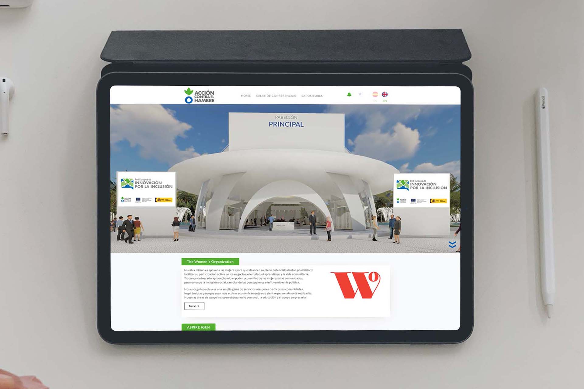 pabellón principal de una feria virtual con stands